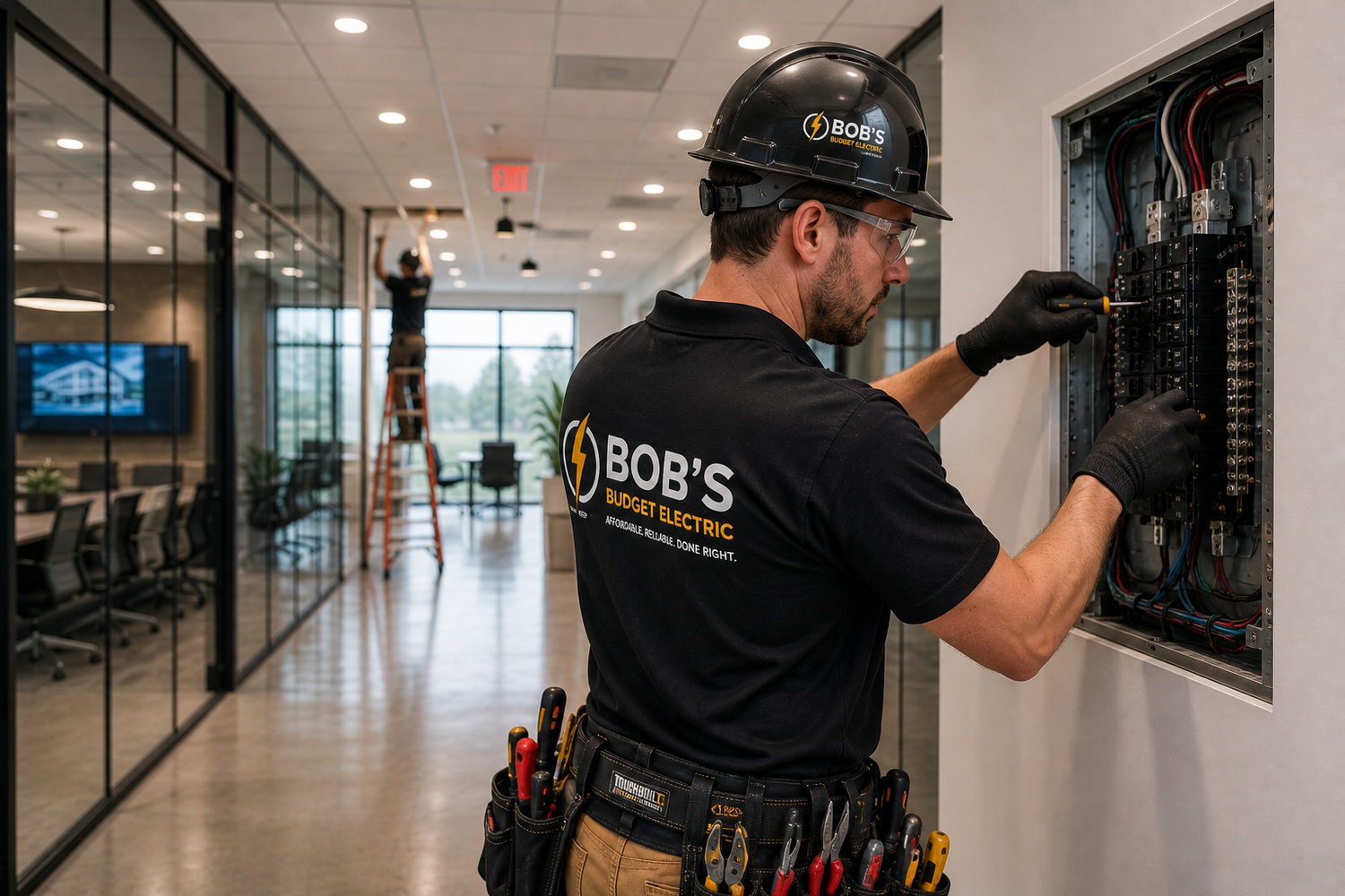 Bob's Budget Electric electricians servicing a panel and overhead lighting in an occupied office building.