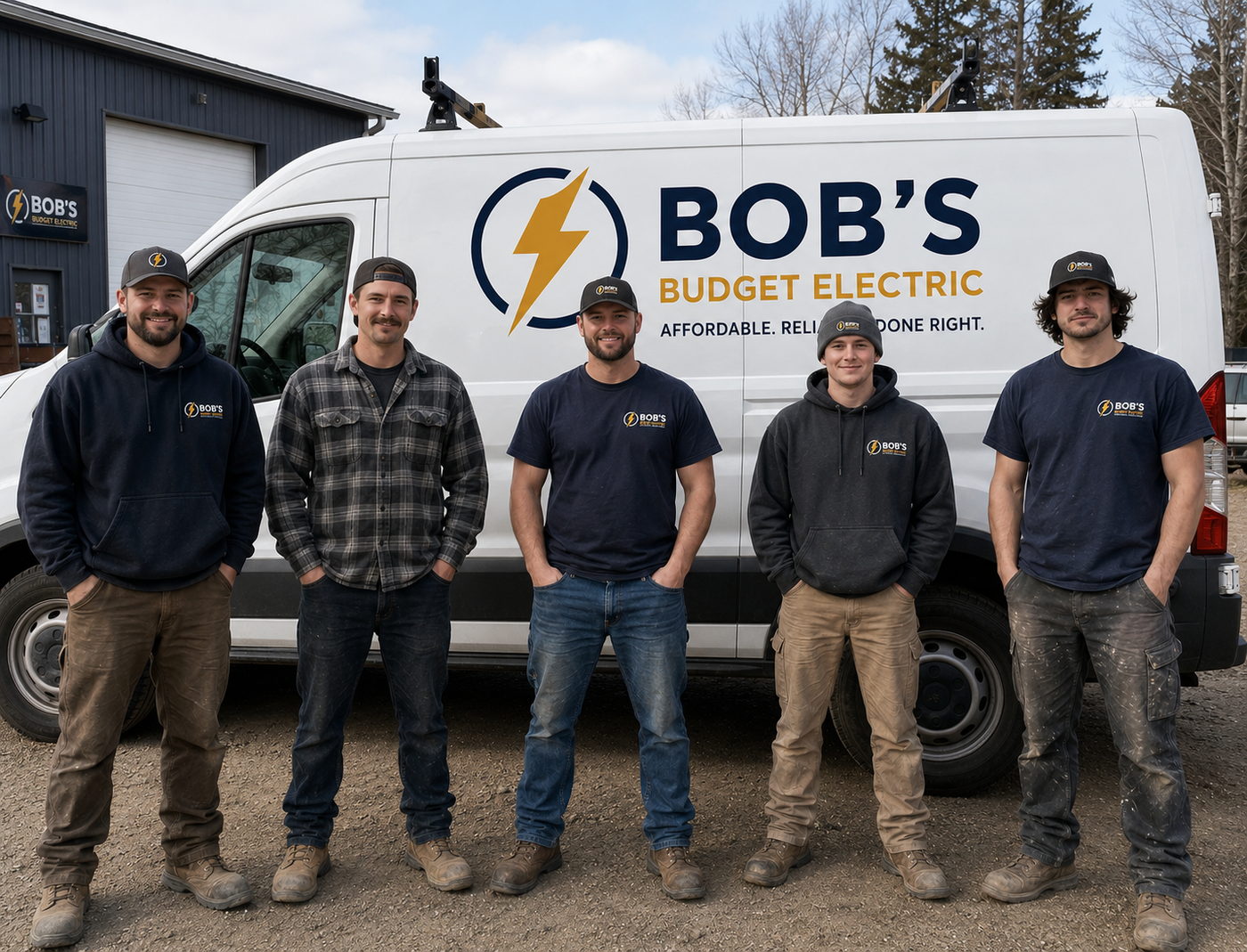 The Bob's Budget Electric crew of five electricians standing in front of a branded company van outside the Millhaven shop.