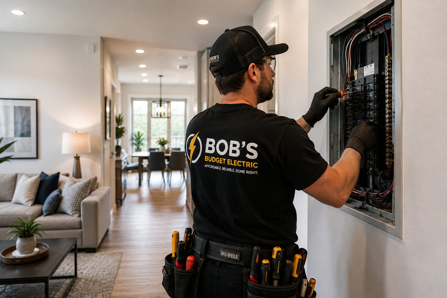 A Bob's Budget Electric technician working inside an open electrical panel in a finished home.