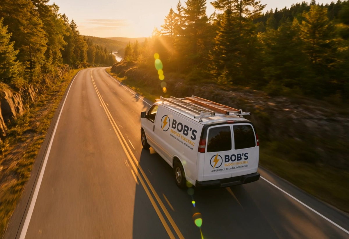 A Bob's Budget Electric service van on a two-lane road at sunset, ladder on the roof rack.
